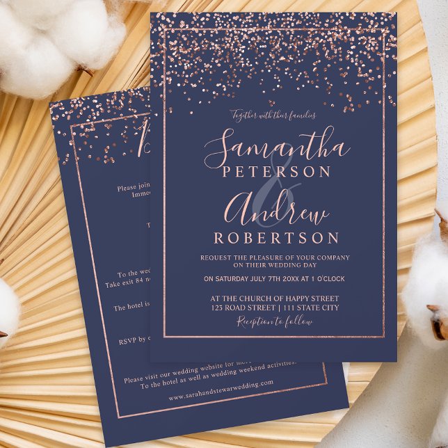Invitación Rosa de oro confetti azul marino todo en un boda (Subido por el creador)