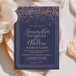 Invitación Rosa de oro confetti boda de moda de borde azul ma