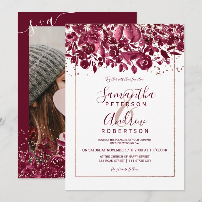 Invitación Rosa de oro confetti burgundy boda de fotos con fl (Anverso / Reverso)