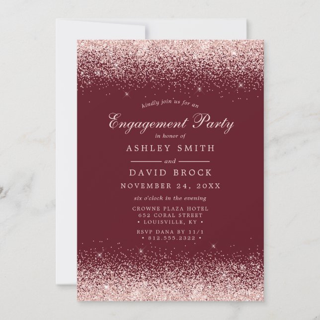 Invitación Rosa de oro Confetti Burgundy Compromiso moderno (Anverso)