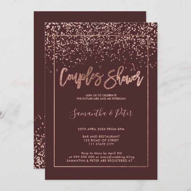 Invitación Rosa de oro confetti burgundy de escritura parejas (Anverso / Reverso)