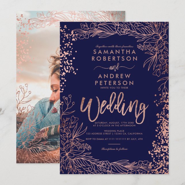 Invitación Rosa de oro confetti floral azul marino boda (Anverso / Reverso)