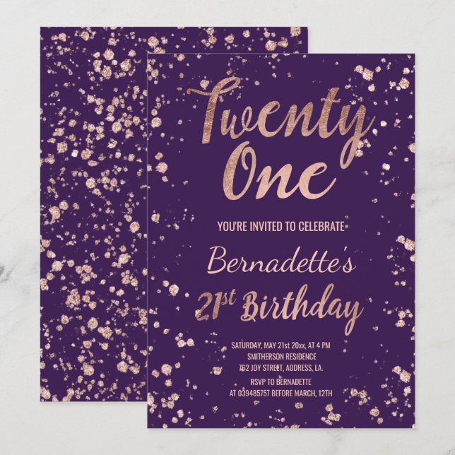 Invitación Rosa de oro confetti manchas púrpura 21 cumpleaños (Anverso / Reverso)