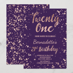 Invitación Rosa de oro confetti manchas púrpura 21 cumpleaños