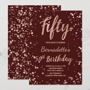 Invitación Rosa de oro confetti rojo burdeos 50 cumpleaños