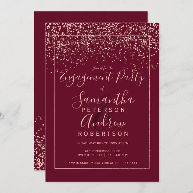 Invitación Rosa de oro confetti rojo burgundy guión (Anverso / Reverso)