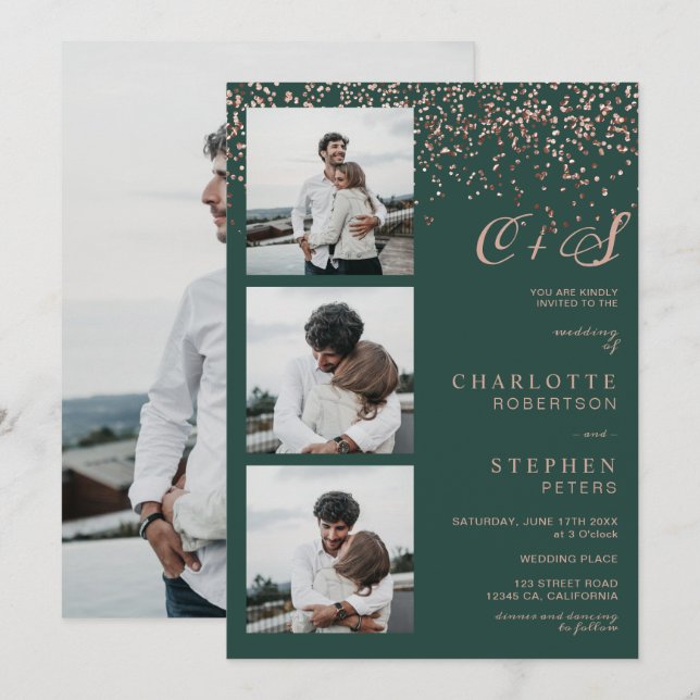 Invitación Rosa de oro confetti verde iniciales boda de fotos (Anverso / Reverso)