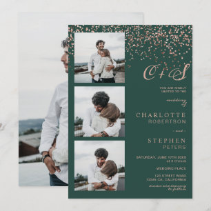 Invitación Rosa de oro confetti verde iniciales boda de fotos