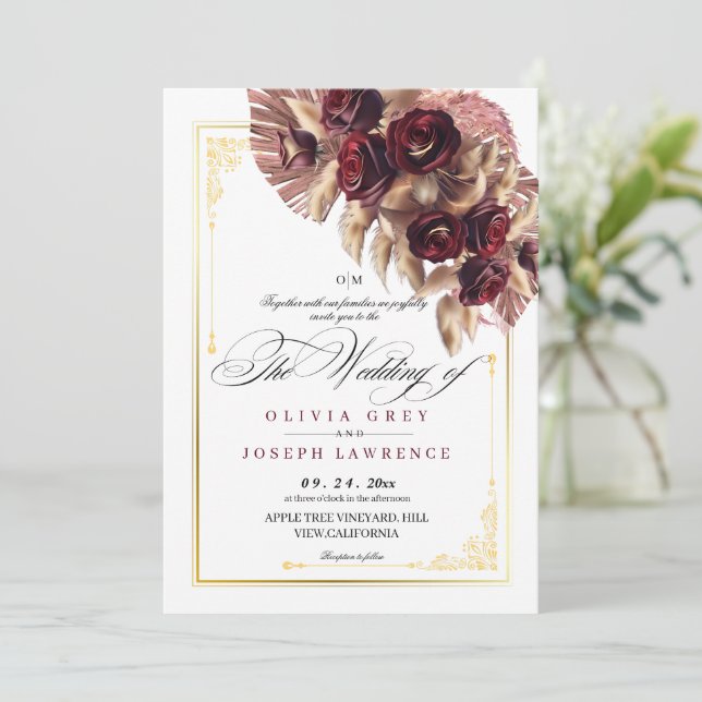 Invitación Rosa de oro de Borgoña Floral Boho Boda Rústico (Anverso de pie)