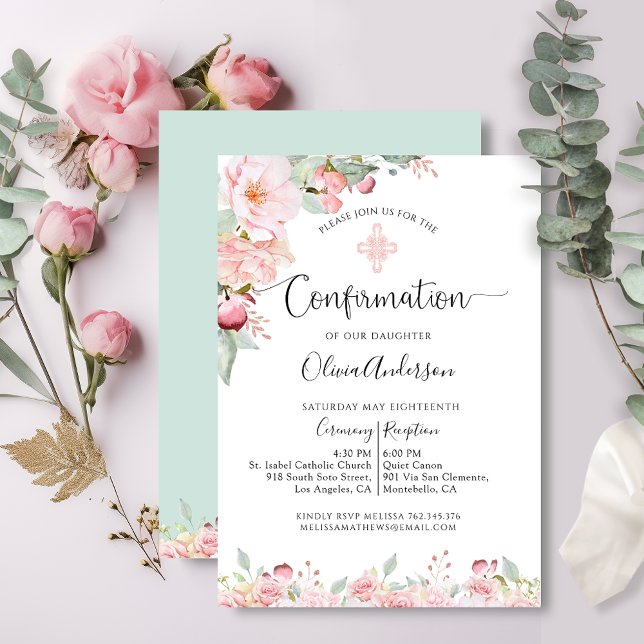 Invitación Rosa de oro de confirmación elegante, floral de me (Subido por el creador)