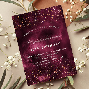 Invitación Rosa de oro de cumpleaños burgundy de lujo