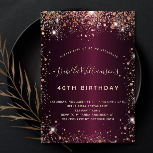 Invitación Rosa de oro de cumpleaños burgundy polvo purpurina