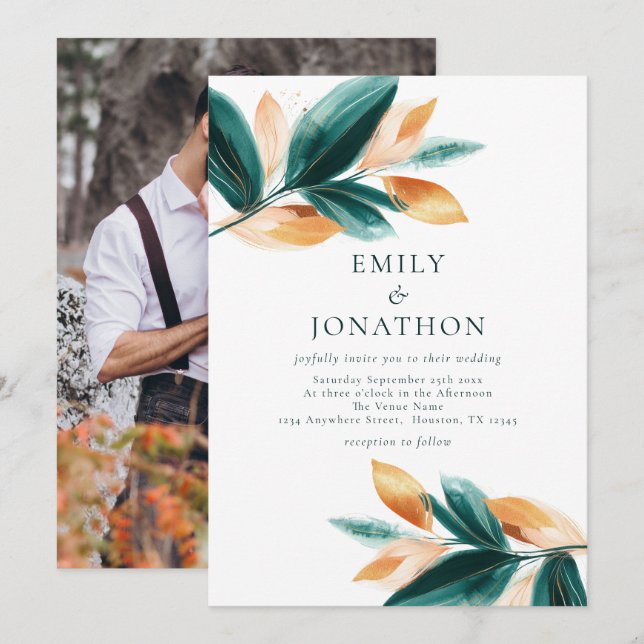 Invitación Rosa de oro de esmeralda deja Boda de fotografías  (Anverso / Reverso)
