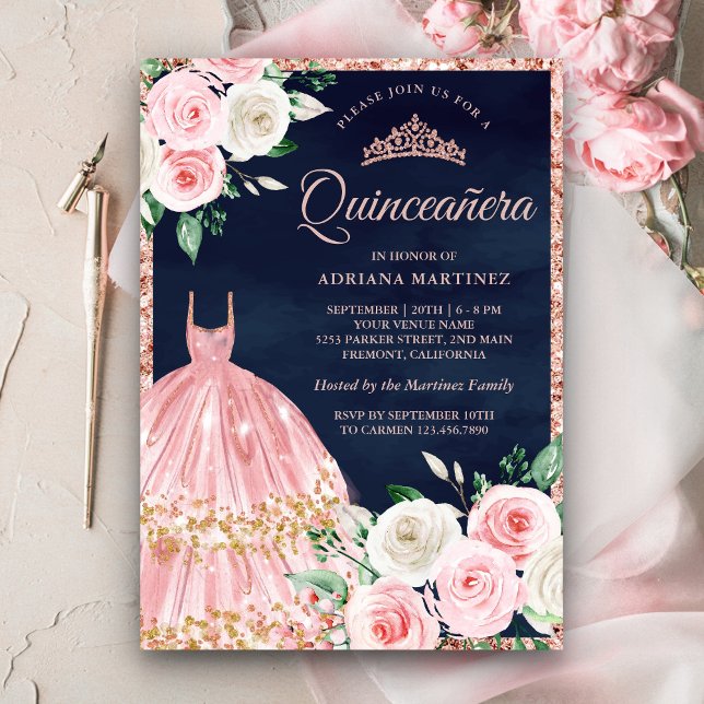 Invitación Rosa de oro de floral rosa Rubor Quinceanera (Subido por el creador)