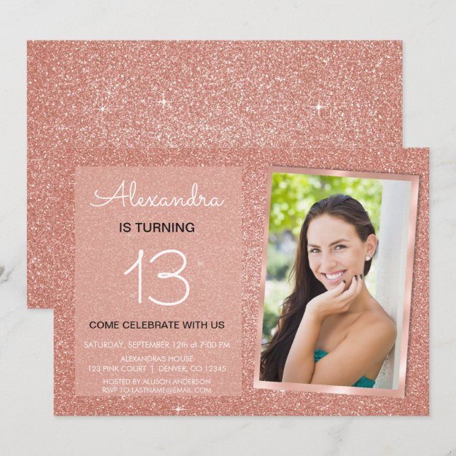 Invitación rosa de oro de la espuma de cumpleaños 13 Rubor Fo (Anverso / Reverso)