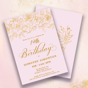 Invitación rosa de oro de la fiesta de los cumpleaños 19 Rubo