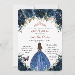Invitación Rosa de oro de la floral azul de la marina de Quin