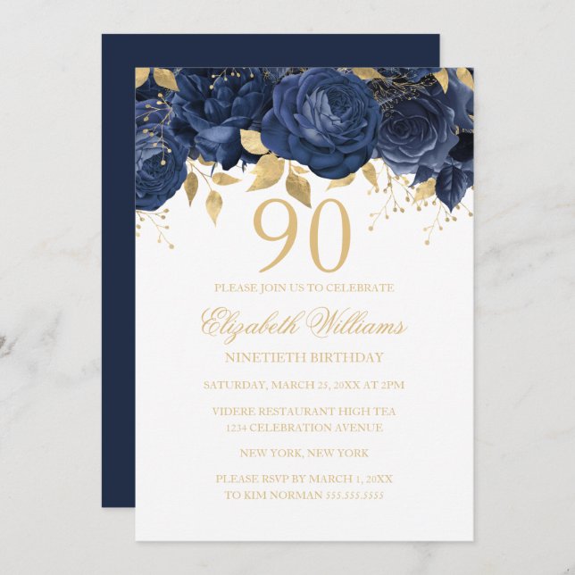Invitación Rosa de oro de la Marina Floral 90 cumpleaños (Anverso / Reverso)