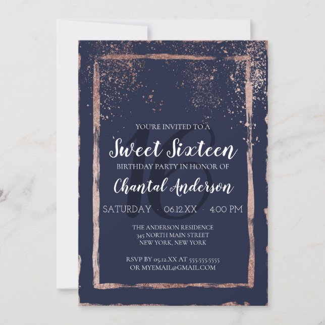 Invitación Rosa de oro de la Marina Glam Pincel dulce 16 (Anverso)