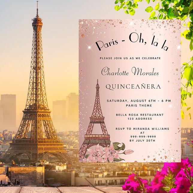 Invitación Rosa de oro de la torre Quinceanera Paris Eiffel (Subido por el creador)