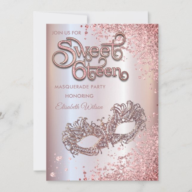 Invitación Rosa de oro de lujo de diamante de mascarada 16 (Anverso)
