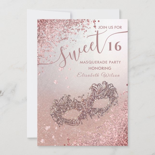 Invitación Rosa de oro de lujo de diamante de mascarada 16 (Anverso)