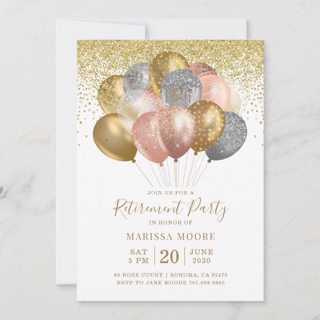 Invitación Rosa de oro de retiro Globos Purpurinas de oro (Anverso)