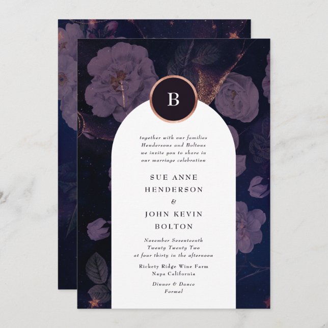 Invitación Rosa de oro del arco floral de Boho negro moderno (Anverso / Reverso)