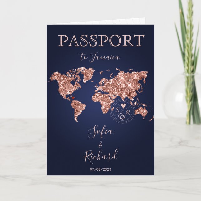 Invitación Rosa de oro del Mapa Mundial de Pasaporte de Boda  (Anverso)