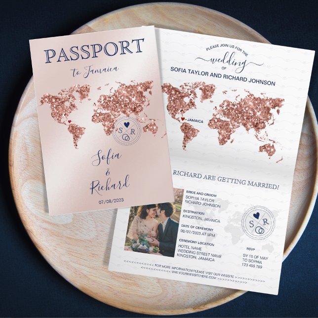 Invitación Rosa de oro del Mapa Mundial de Pasaporte de Boda  (rose gold world map, blush pink and navy passport invitation)