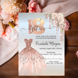 Invitación Rosa de Oro Drips Vestido Flor Plata 18 cumpleaños