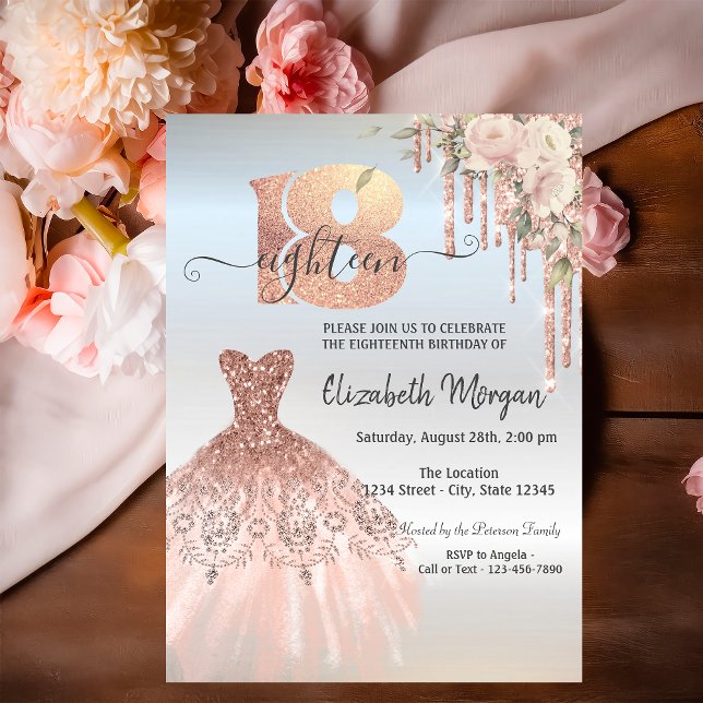 Invitación Rosa de Oro Drips Vestido Flor Plata 18 cumpleaños (Subido por el creador)