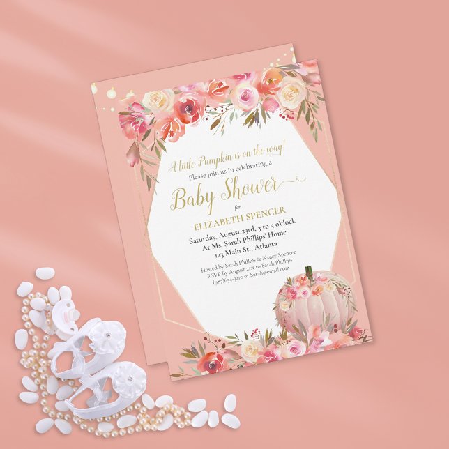 Invitación Rosa de oro elegante de la calabaza Baby Shower (Subido por el creador)