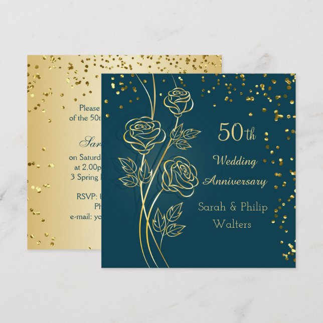 Invitación Rosa de oro en verde azul, 50 años de confetti (Anverso / Reverso)