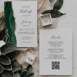 Invitación Rosa de oro esmeralda verde Ágata Blanca Boda QR