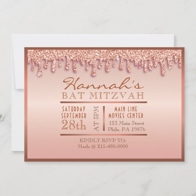 Invitación Rosa De Oro Esparkle Drippy Bat Mitzvah Invite (Anverso)