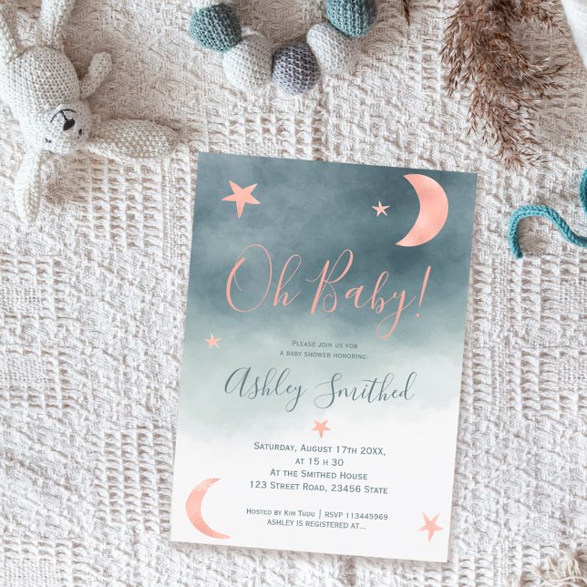 Invitación Rosa de oro estrellas de luna azul acuarela ducha  (Subido por el creador)