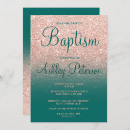 Invitación Rosa de oro falso purpurina negro bautismo serio