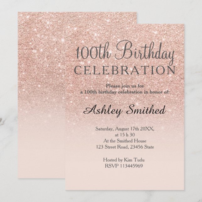 Invitación Rosa de oro falso purpurina rosa oscuro 100 cumple (Anverso / Reverso)