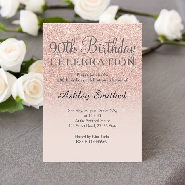 Invitación Rosa de oro falso purpurina rosa oscuro 90 cumplea (Rose gold faux glitter pink ombre 90th birthday invitation)