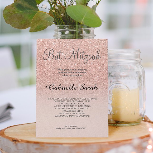 Invitación Rosa de oro falso purpurina rosa oscuro Bat Mitzva (Subido por el creador)