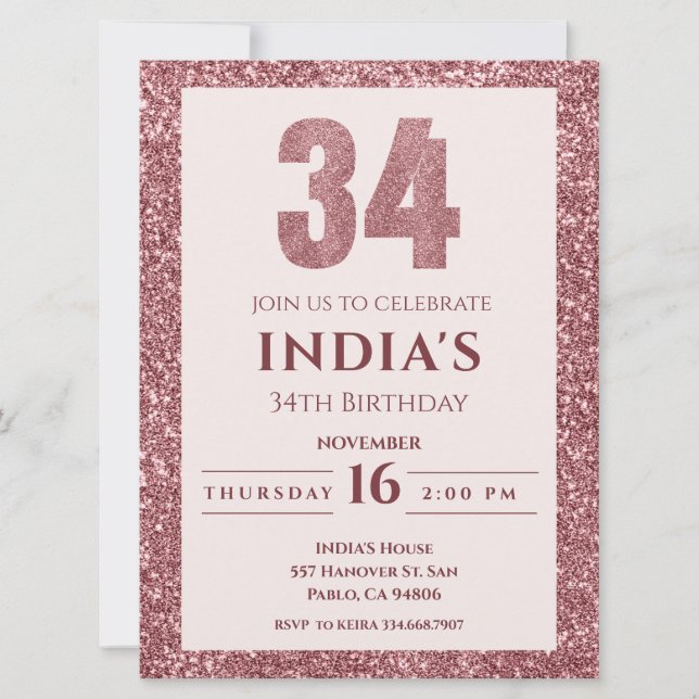 Invitación rosa de oro fiesta de cumpleaños 34 (Anverso)