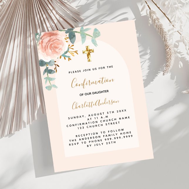 Invitación Rosa de oro floral cruz chica de lujo Confirmación (Subido por el creador)