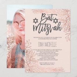 Invitación Rosa de oro floral de color rosa Bat Mitzvah foto