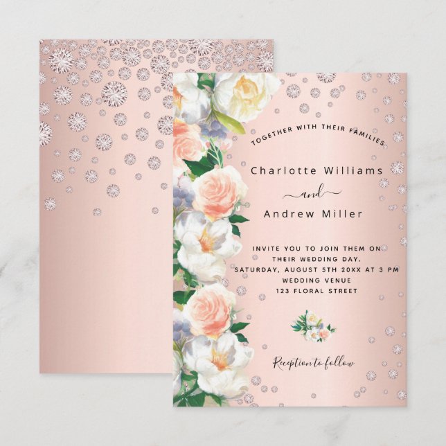 Invitación Rosa de oro floral diamantes rosados boda (Anverso / Reverso)