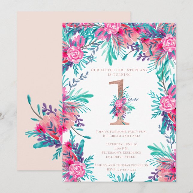 Invitación Rosa de oro floral letra de primer cumpleaños colo (Anverso / Reverso)