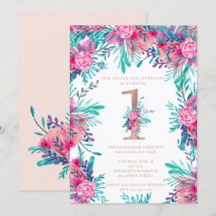 Invitación Rosa de oro floral letra de primer cumpleaños colo