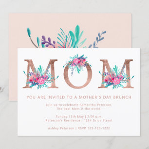 Invitación Rosa de oro floral Mamá Día de la Madre rosa negro