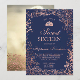 Invitación Rosa de oro floral marina Tiara moda Sweet 16