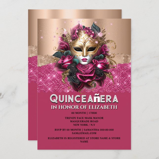 Invitación Rosa de oro floral mascarada cumpleaños Quinceañer (Anverso / Reverso)